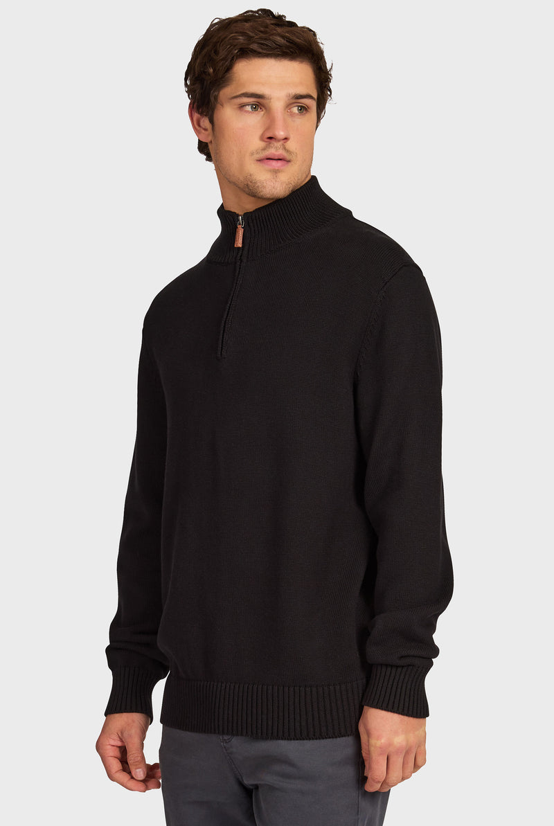 Man wearing a black half-zip sweater on a white background