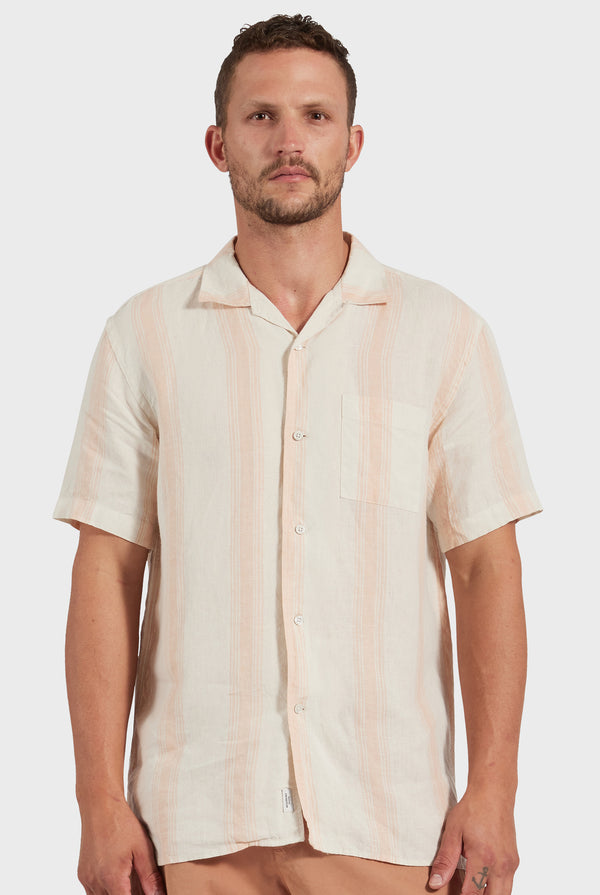 Lucky Brand Men's Linen Short Sleeve Multi Stripe Button Up Shirt