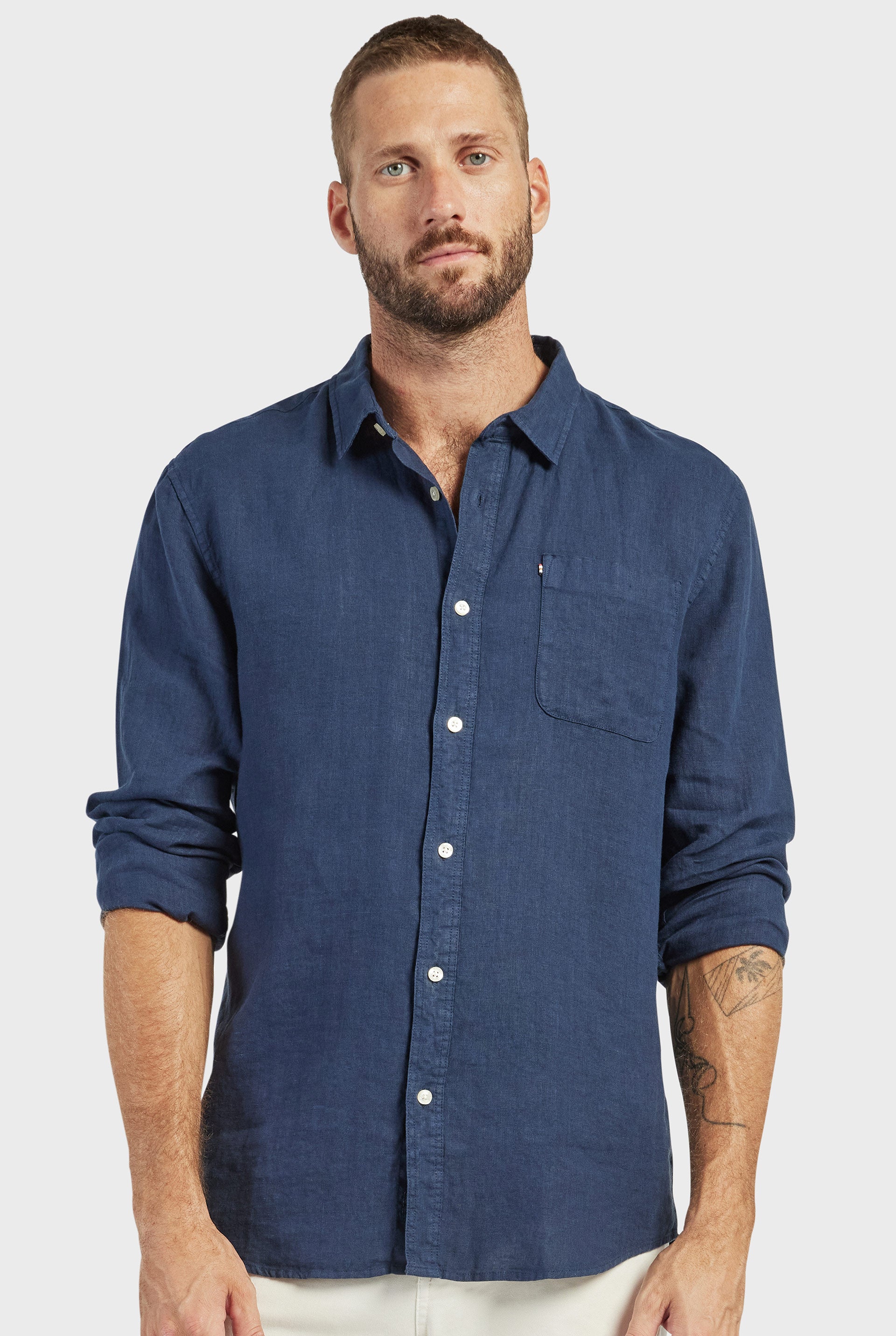 Men's Hampton L/S Linen Shirt in Navy | Academy Brand