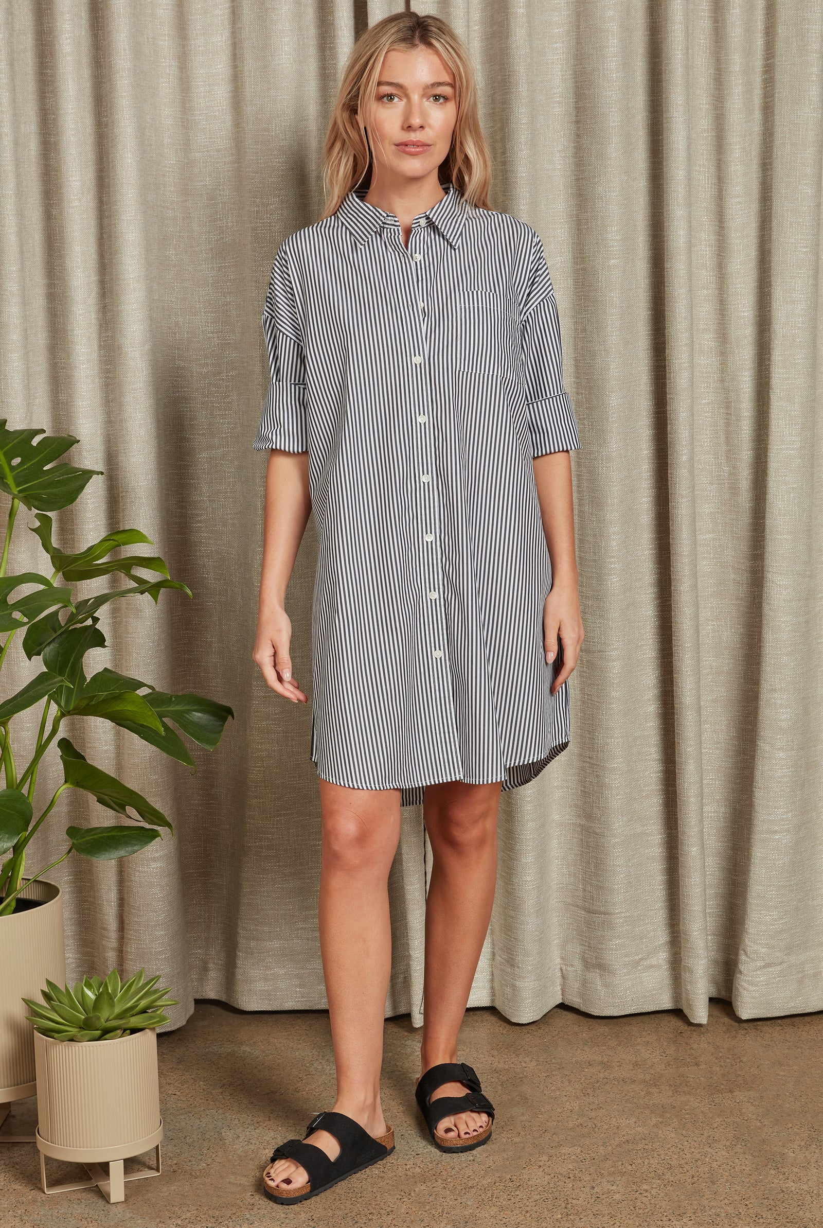 Tayla Poplin Shirt Dress in Black stripe Academy Brand